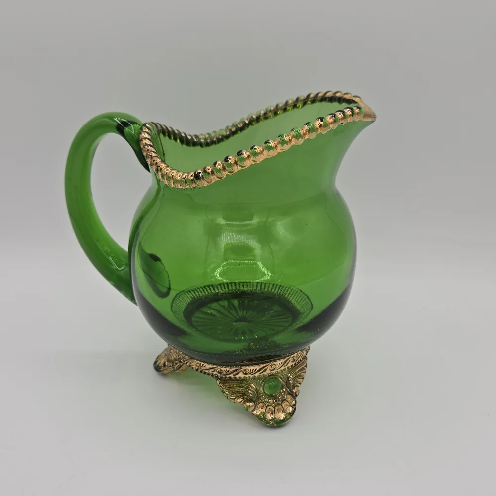 Vintage EAPG US Glass‎ Green Colorado Lacy Medallion Footed Creamer Collectible